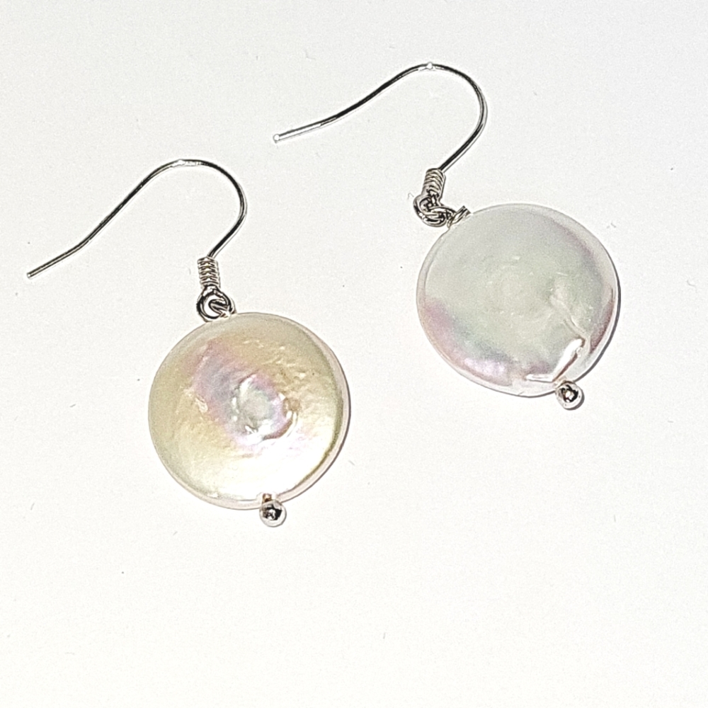 ❤️ White/Ivory Keshi Pearl, Dangle/Drop Earrings in Rhodium/Sterling Silver